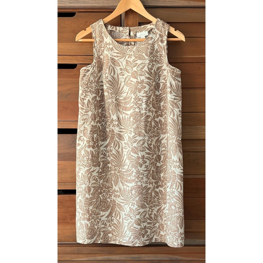 J. Jill Size XS Love Linen Tropical Botanical Shift Dress Tan Cream Summer Comfy - Picture 2 of 6